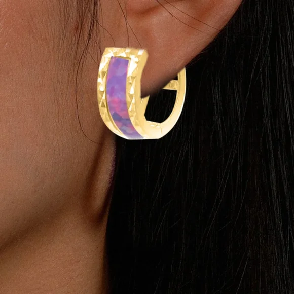 14K Yellow Gold Opal Hoop Earrings